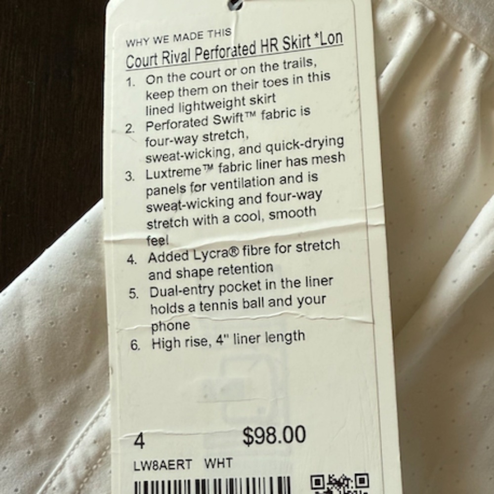 Lululemon White Tennis Skirt, Size 4